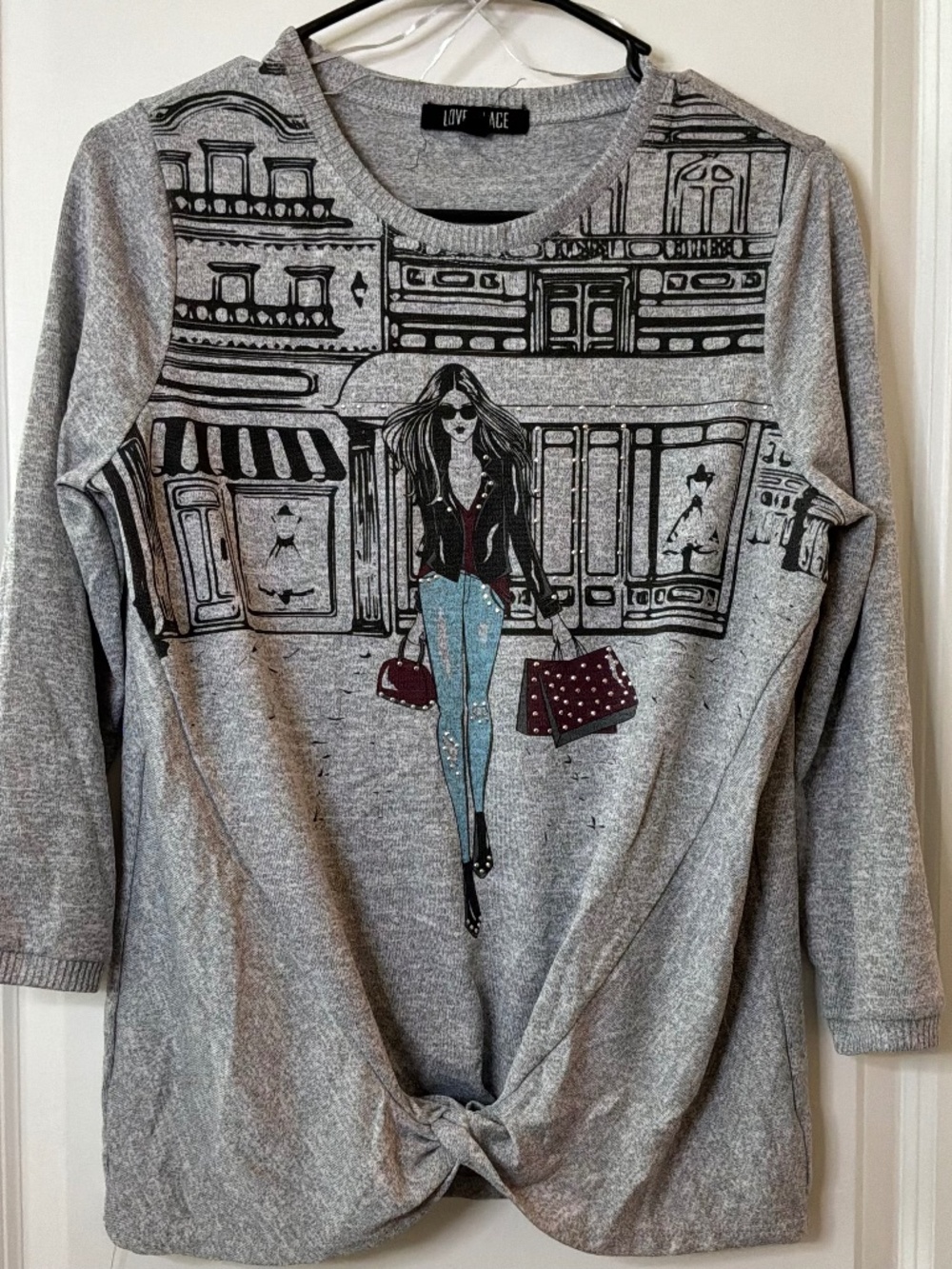 Love & Lace Gray Fashion Graphic Twist Front Top